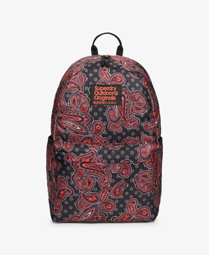 mochila montana estampada em padrão paisley vintage preto.