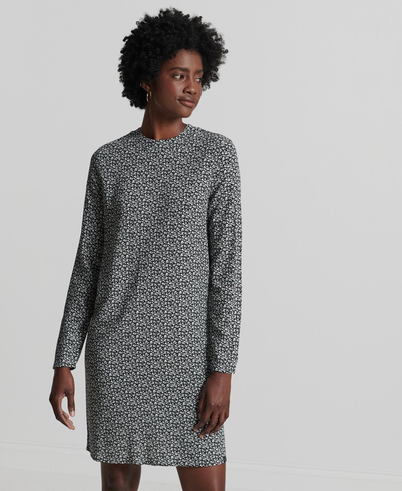 vestido curto de manga comprida em tecido plano com estampa floral londrina preta.