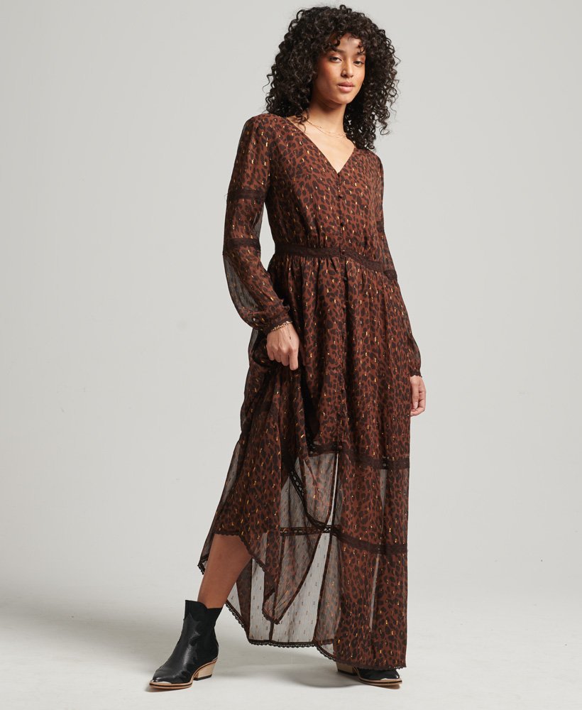 vestido longo de tecido plano com estampa de leopardo