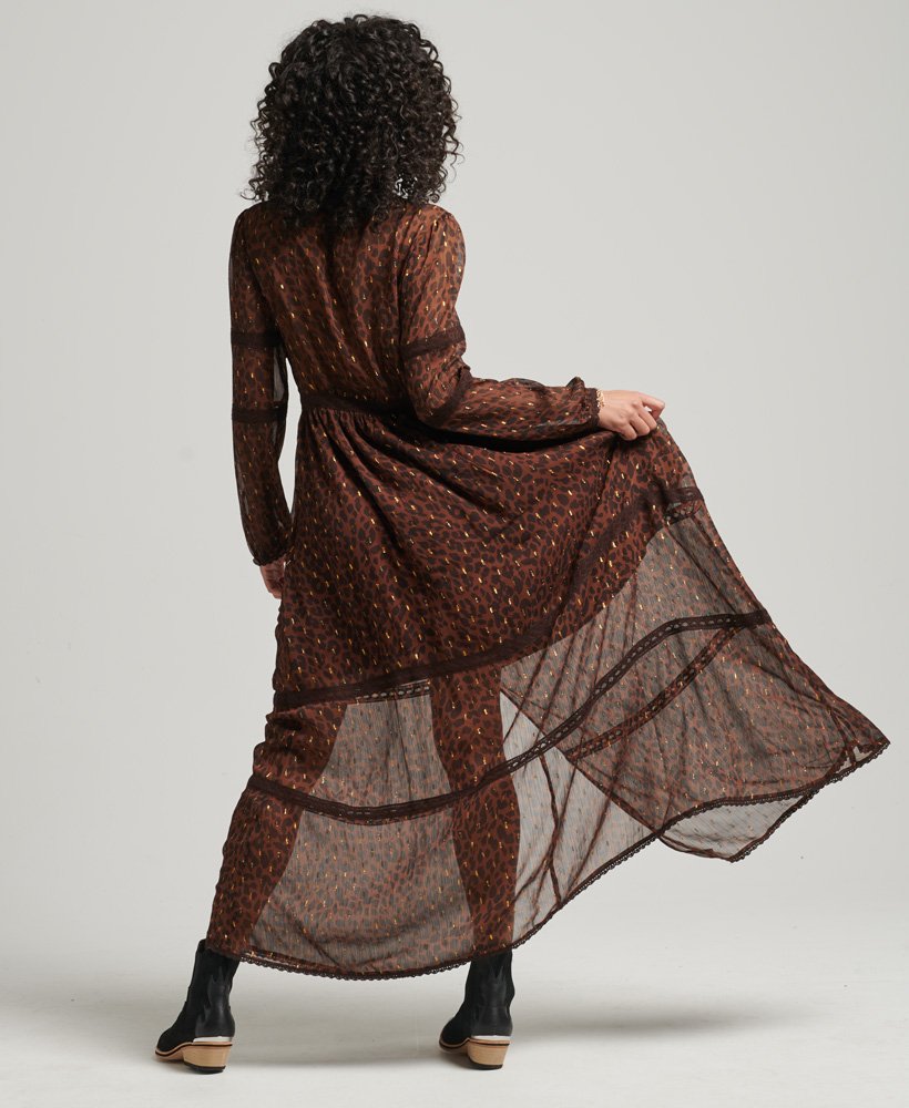 vestido longo de tecido plano com estampa de leopardo