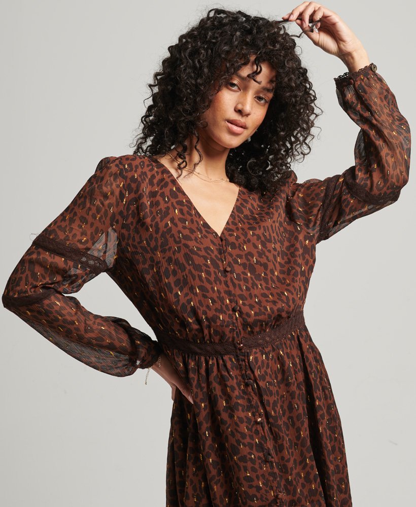 vestido longo de tecido plano com estampa de leopardo