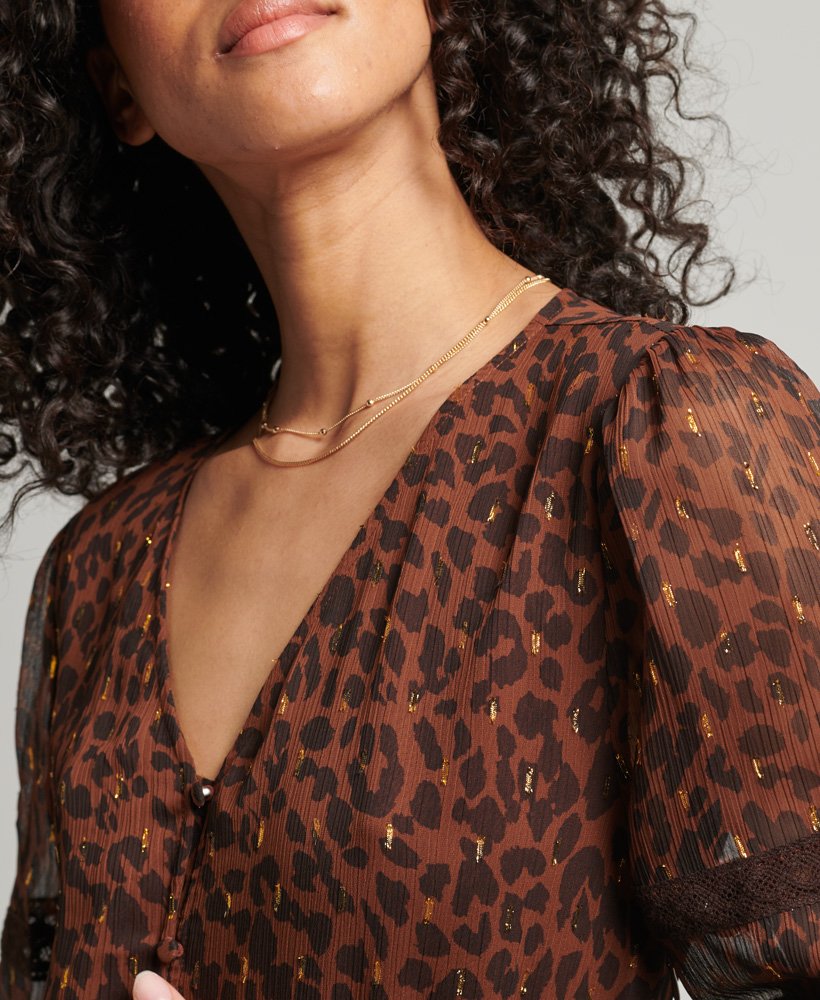 vestido longo de tecido plano com estampa de leopardo