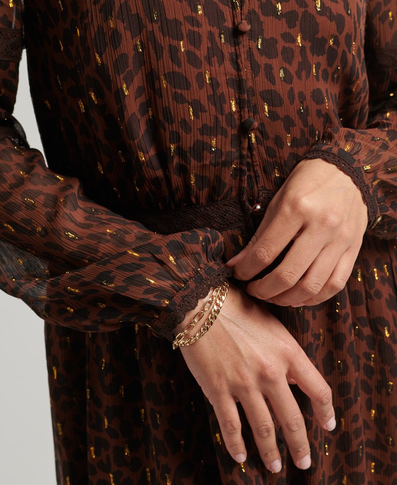 vestido longo de tecido plano com estampa de leopardo