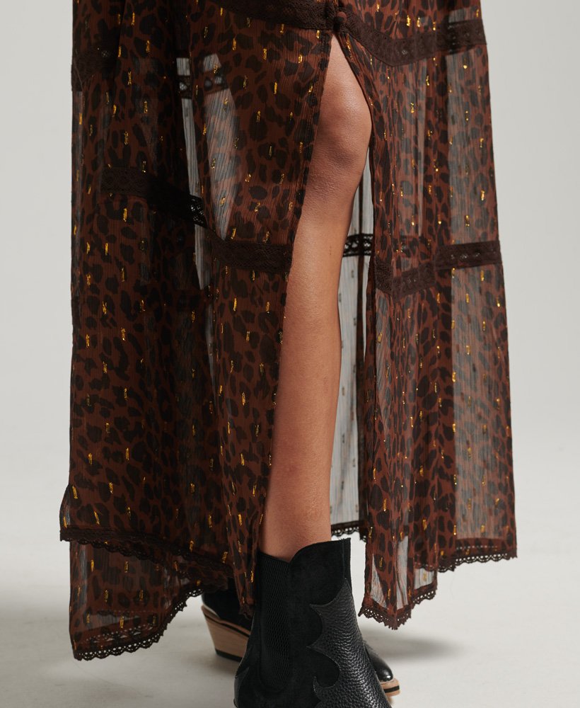 vestido longo de tecido plano com estampa de leopardo