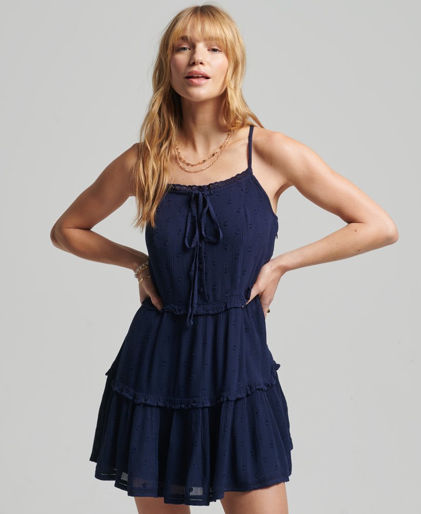 vestido camisola vintage com bordado inglês na cor azul marinho náutico
