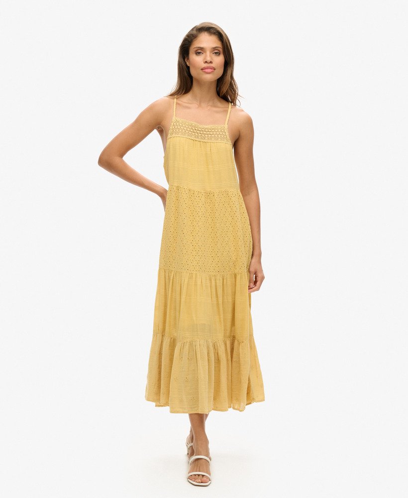 vestido longo vintage de renda com alças finas na cor amarelo limão.