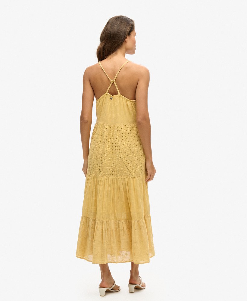 vestido longo vintage de renda com alças finas na cor amarelo limão.
