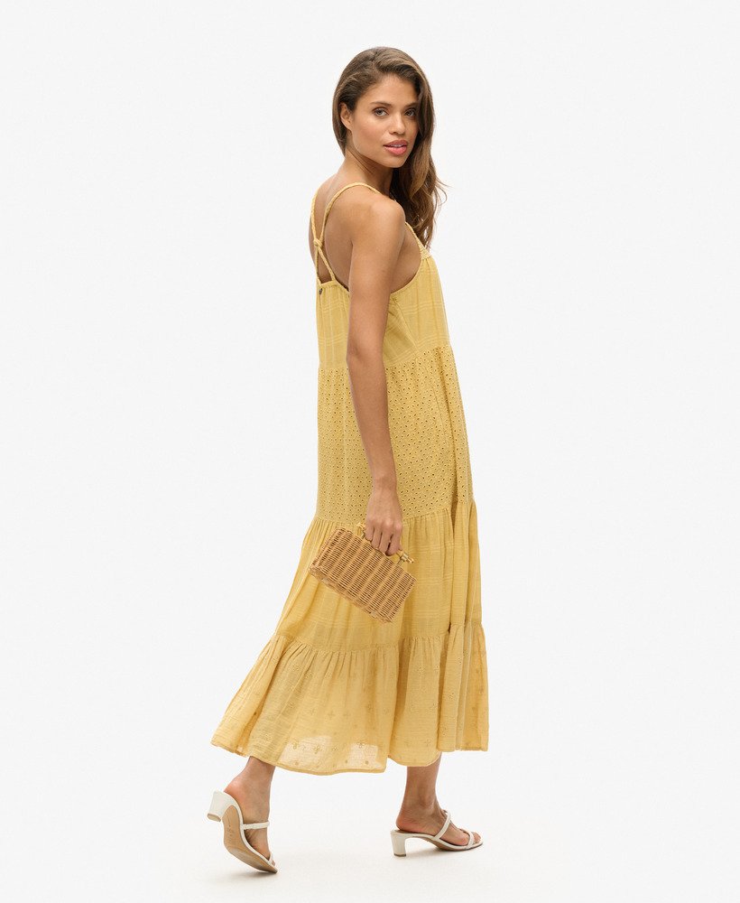 vestido longo vintage de renda com alças finas na cor amarelo limão.