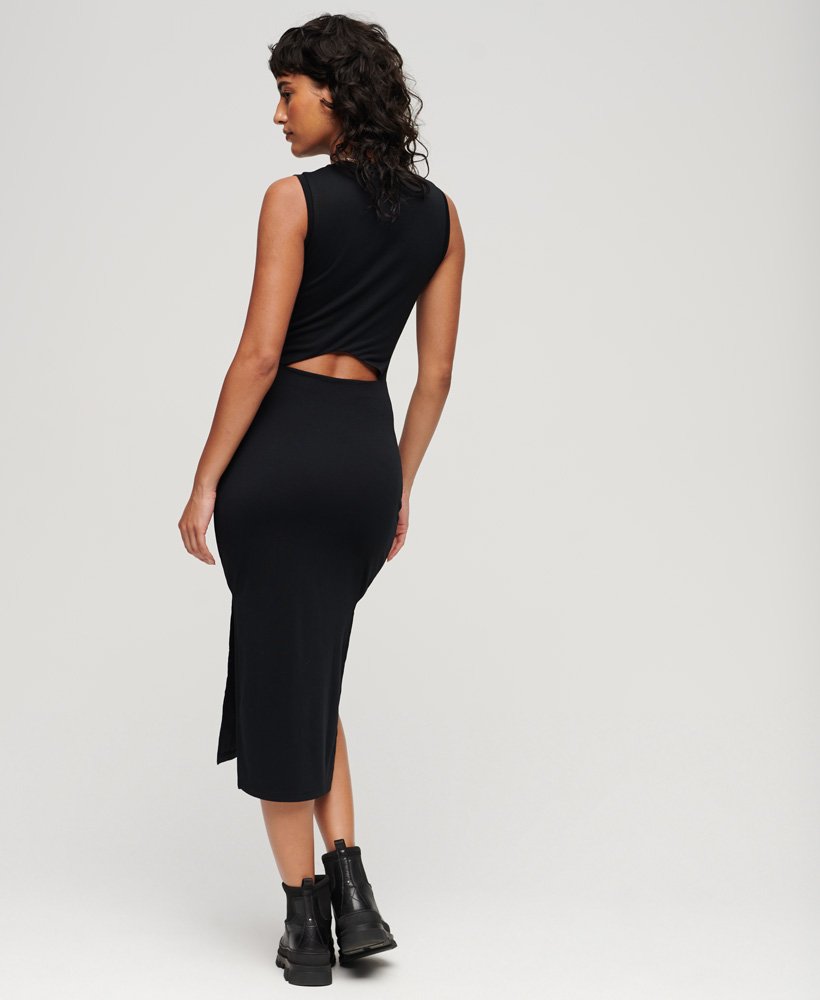 vestido midi de malha com detalhe nas costas na cor preta.