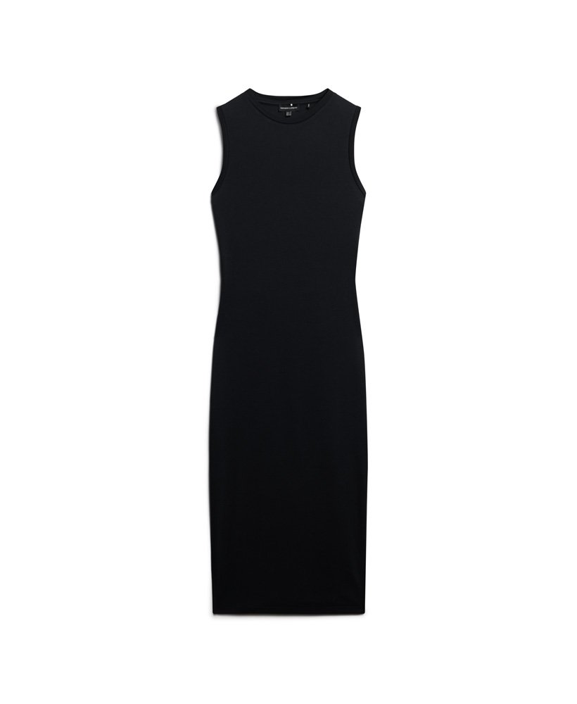vestido midi de malha com detalhe nas costas na cor preta.