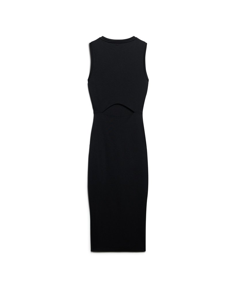 vestido midi de malha com detalhe nas costas na cor preta.