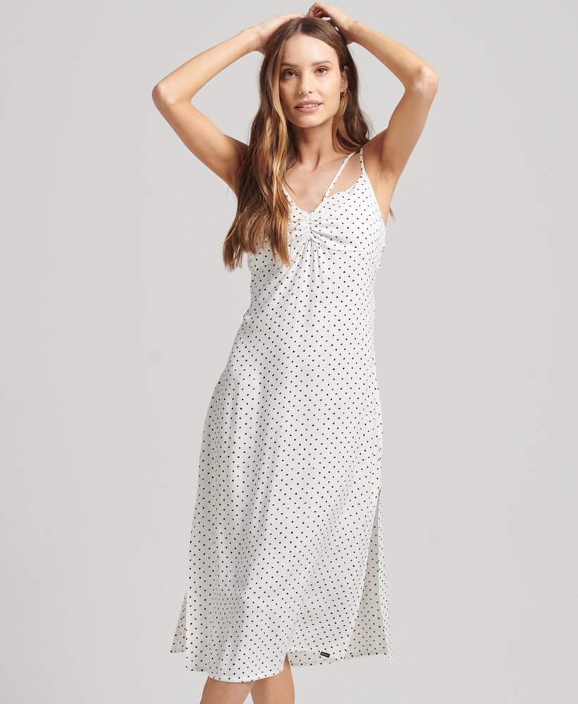 vestido vintage de alças finas com estampa de bolinhas pretas
