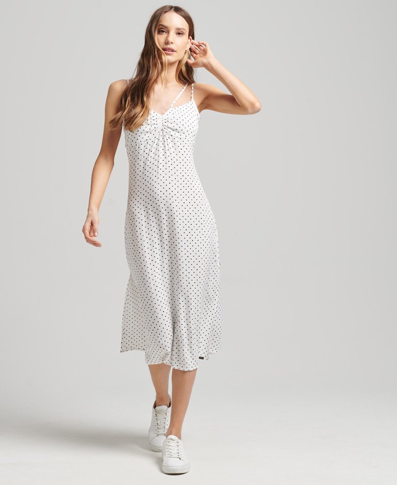 vestido vintage de alças finas com estampa de bolinhas pretas
