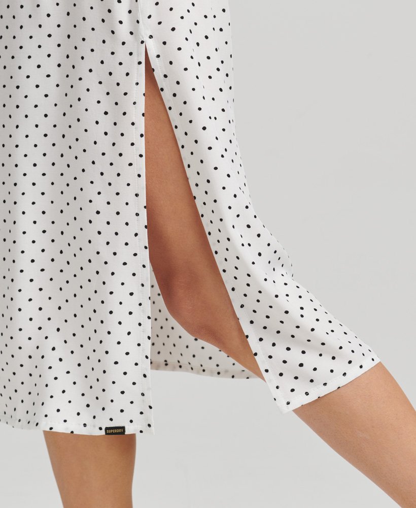 vestido vintage de alças finas com estampa de bolinhas pretas