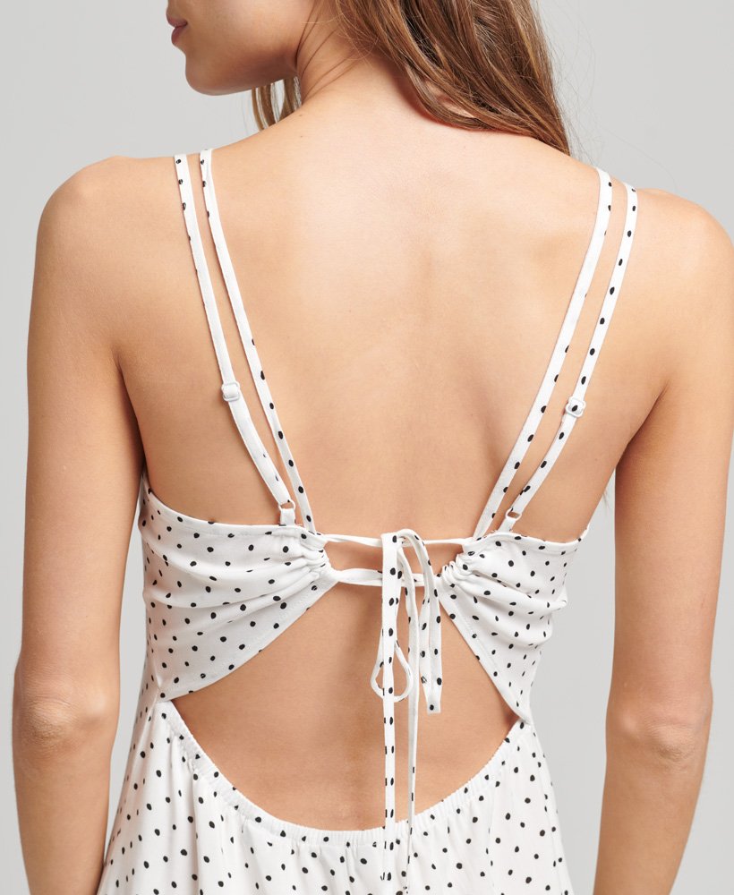vestido vintage de alças finas com estampa de bolinhas pretas