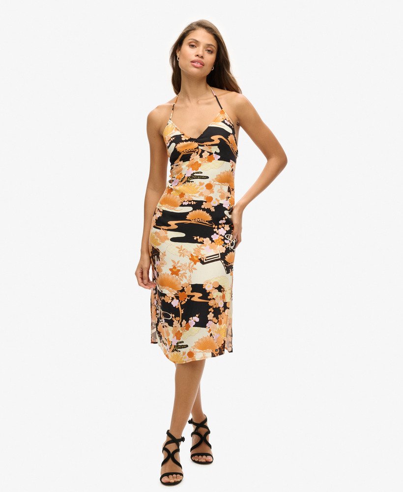 vestido midi estampado em dourado goshodoki