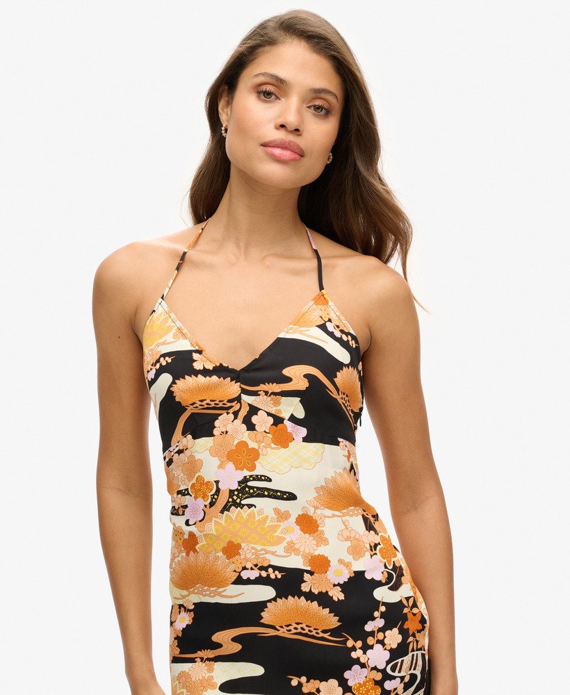 vestido midi estampado em dourado goshodoki