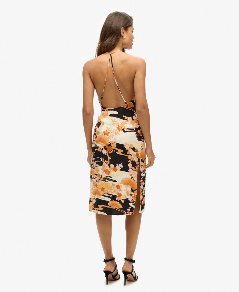 vestido midi estampado em dourado goshodoki