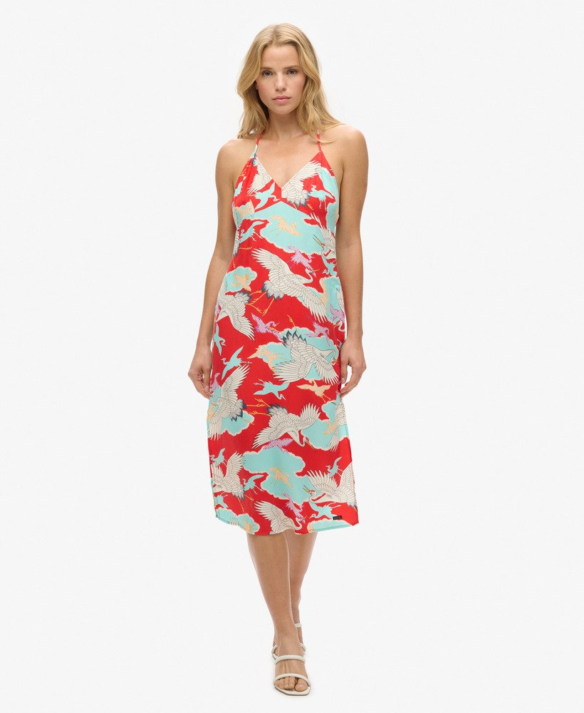 vestido midi estampado em vermelho tsuru