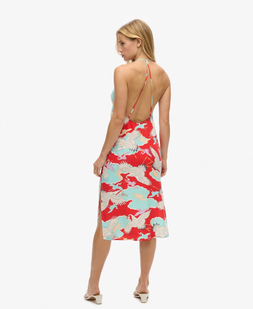 vestido midi estampado em vermelho tsuru