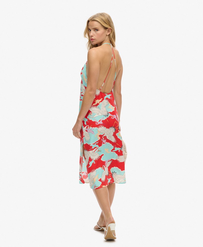 vestido midi estampado em vermelho tsuru