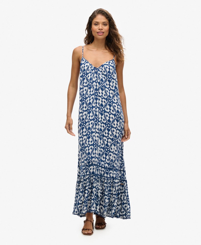 vestido longo de alcinha em estampa ikat azul com flechas