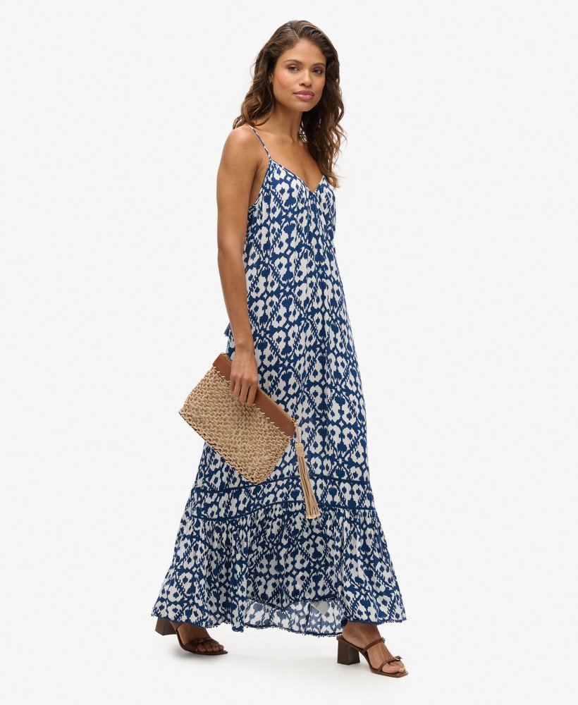 vestido longo de alcinha em estampa ikat azul com flechas