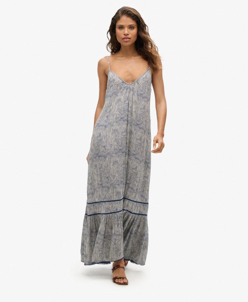 vestido longo de alcinha com estampa de labirinto azul-marinho