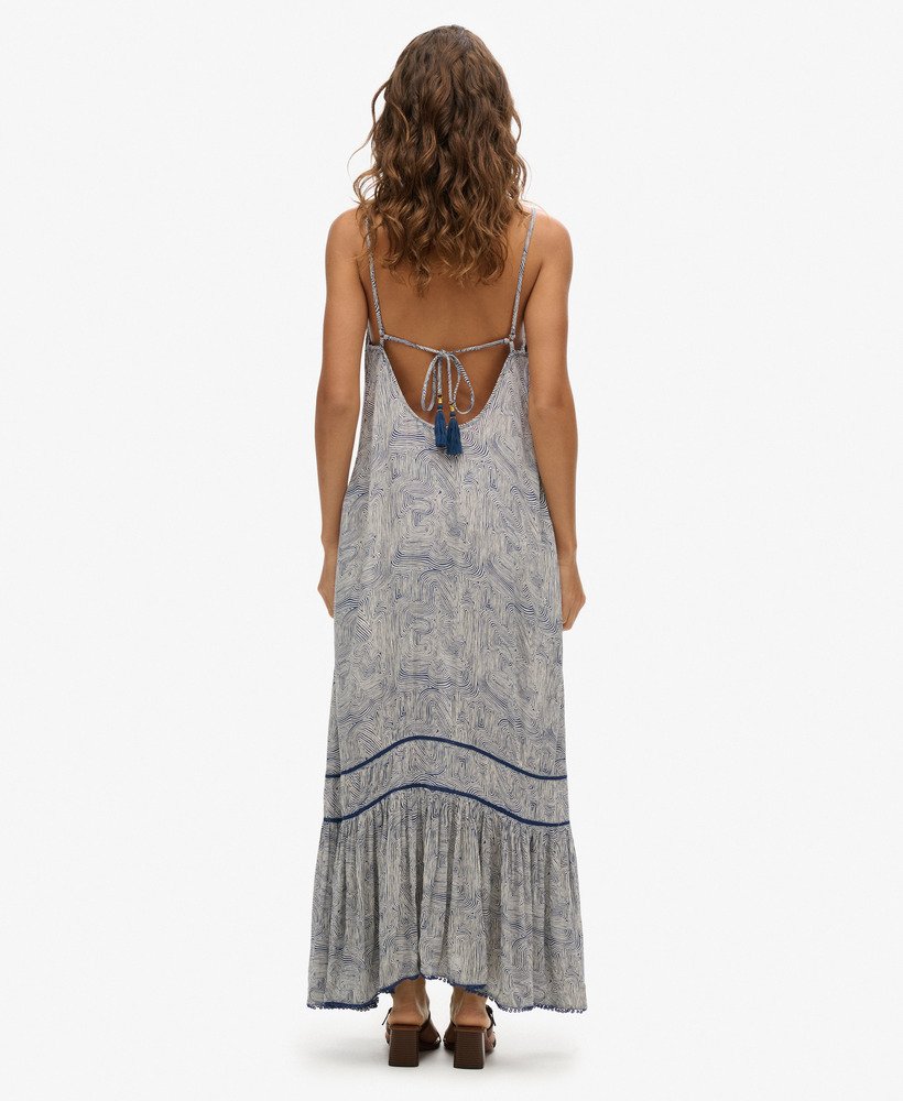 vestido longo de alcinha com estampa de labirinto azul-marinho