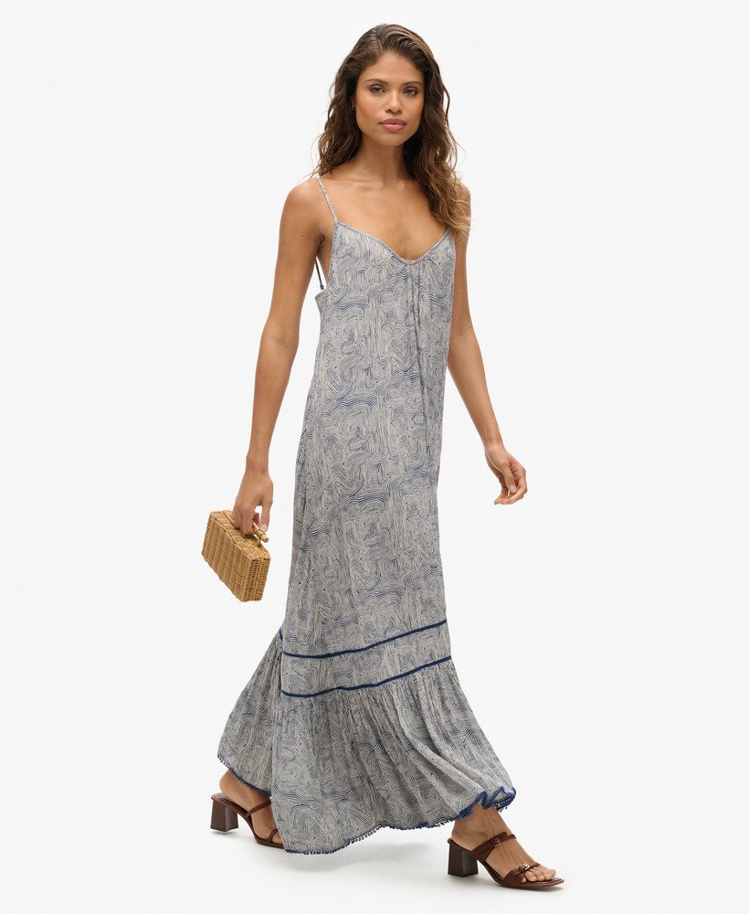 vestido longo de alcinha com estampa de labirinto azul-marinho