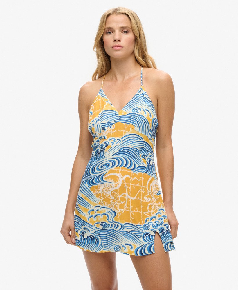 vestido curto de alça estampado em dourado da nimi kam