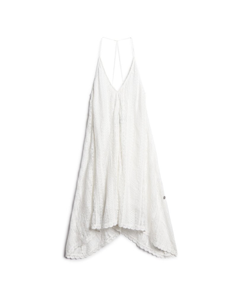 vestido midi todo em renda na cor branco off-white.