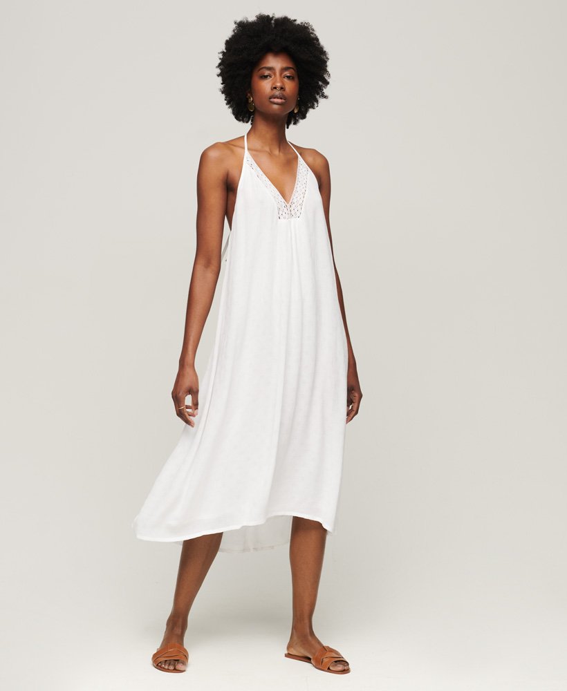 vestido midi com decote halter em renda na cor branco off-white.
