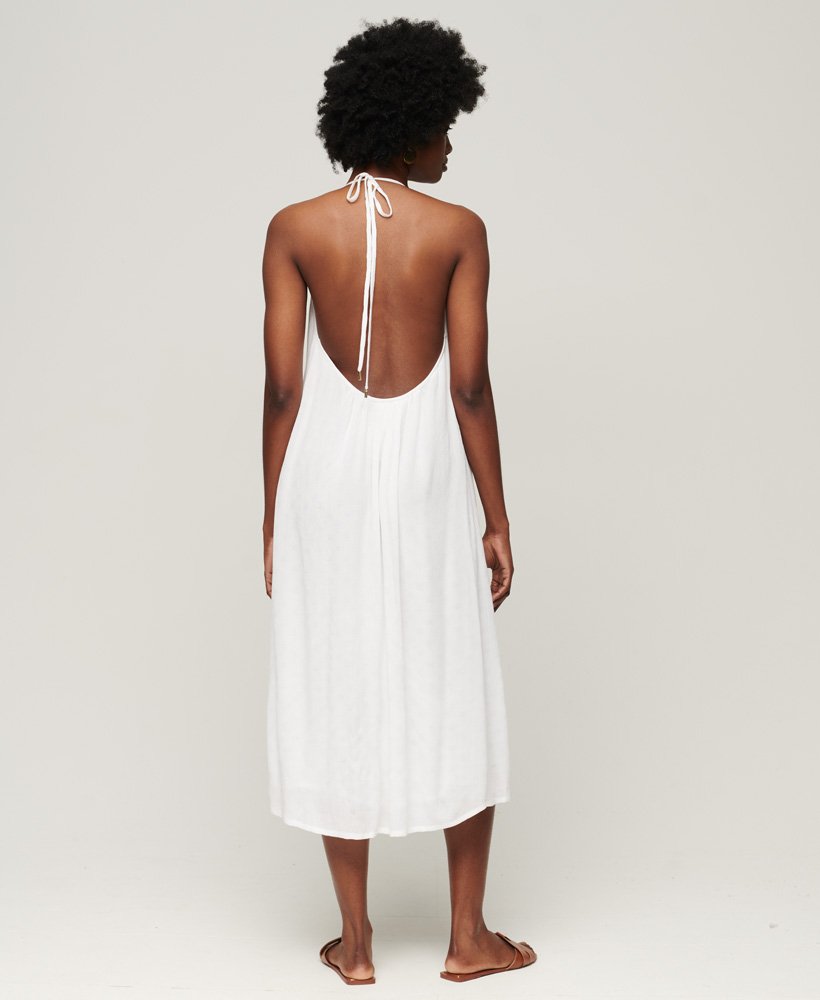 vestido midi com decote halter em renda na cor branco off-white.