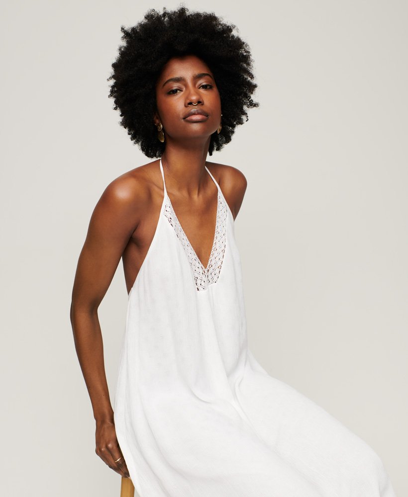 vestido midi com decote halter em renda na cor branco off-white.