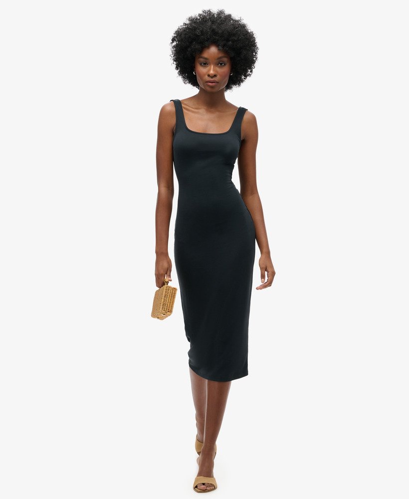 vestido midi de malha com decote quadrado na cor preta.