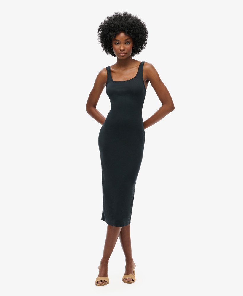 vestido midi de malha com decote quadrado na cor preta.