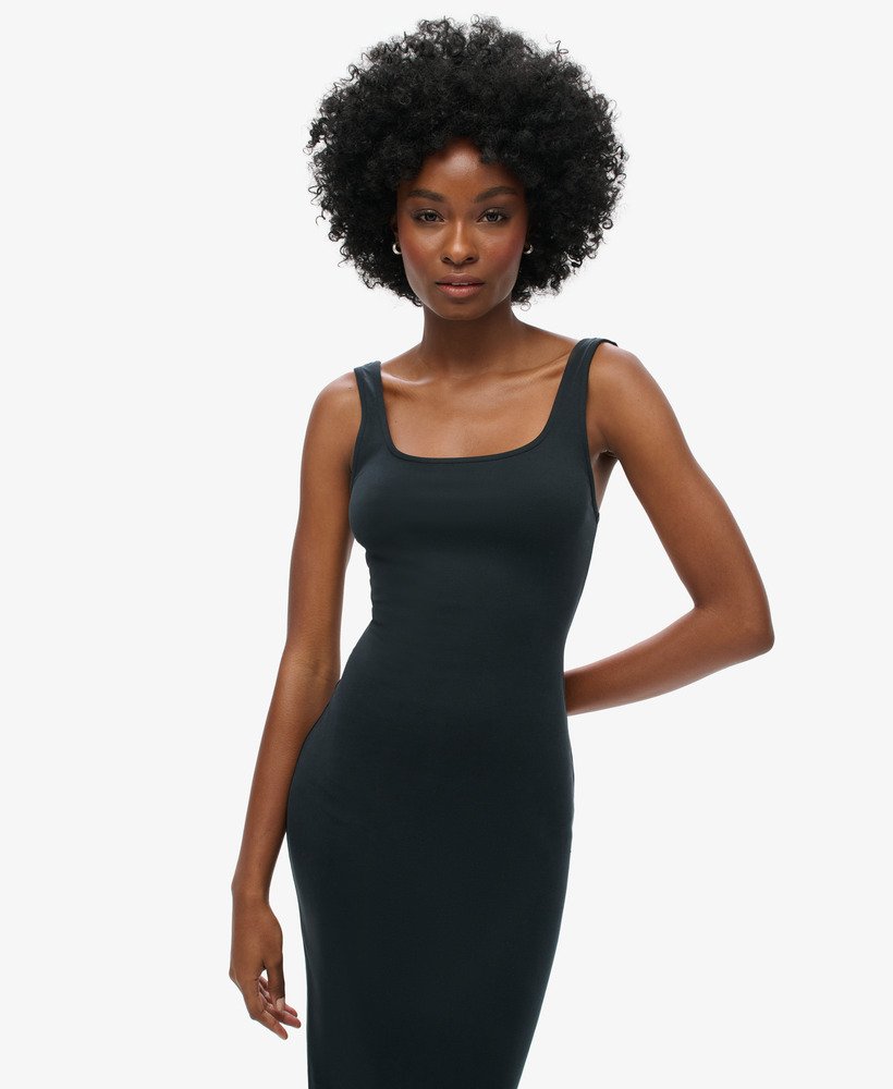 vestido midi de malha com decote quadrado na cor preta.