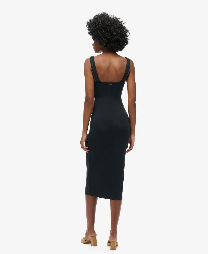 vestido midi de malha com decote quadrado na cor preta.
