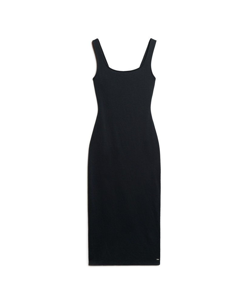 vestido midi de malha com decote quadrado na cor preta.
