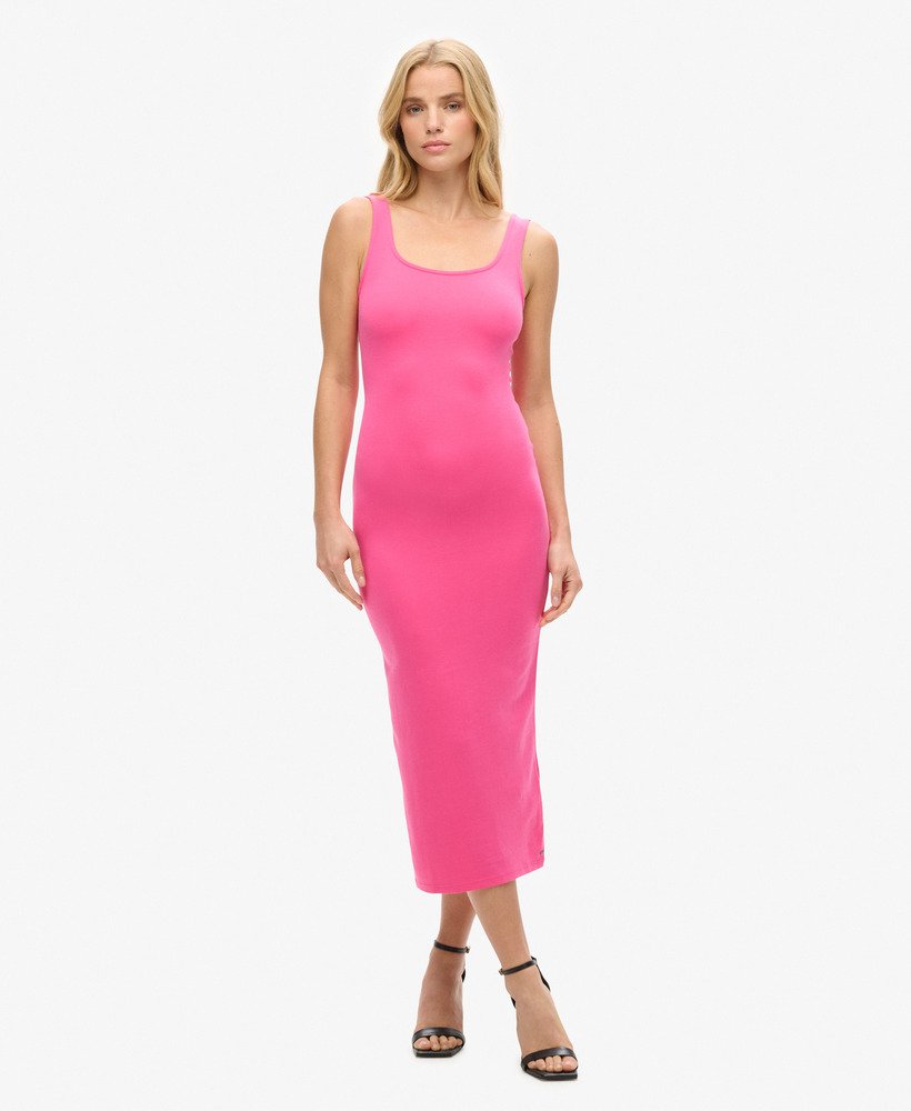 vestido midi de malha com decote quadrado na cor rosa framboesa sorvete.