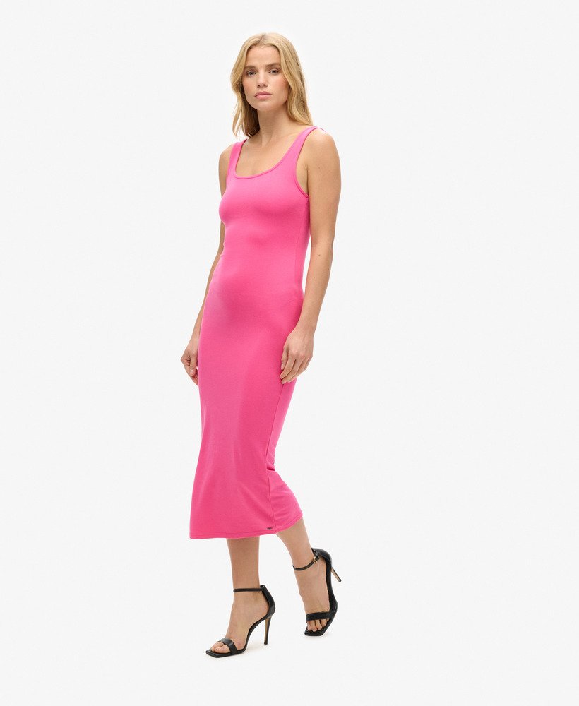 vestido midi de malha com decote quadrado na cor rosa framboesa sorvete.