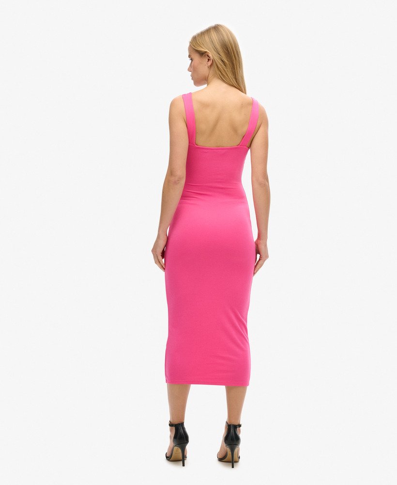 vestido midi de malha com decote quadrado na cor rosa framboesa sorvete.