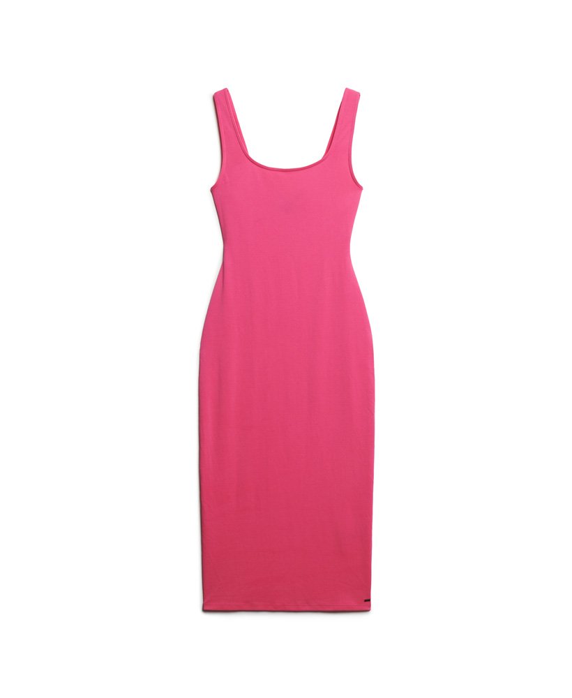 vestido midi de malha com decote quadrado na cor rosa framboesa sorvete.