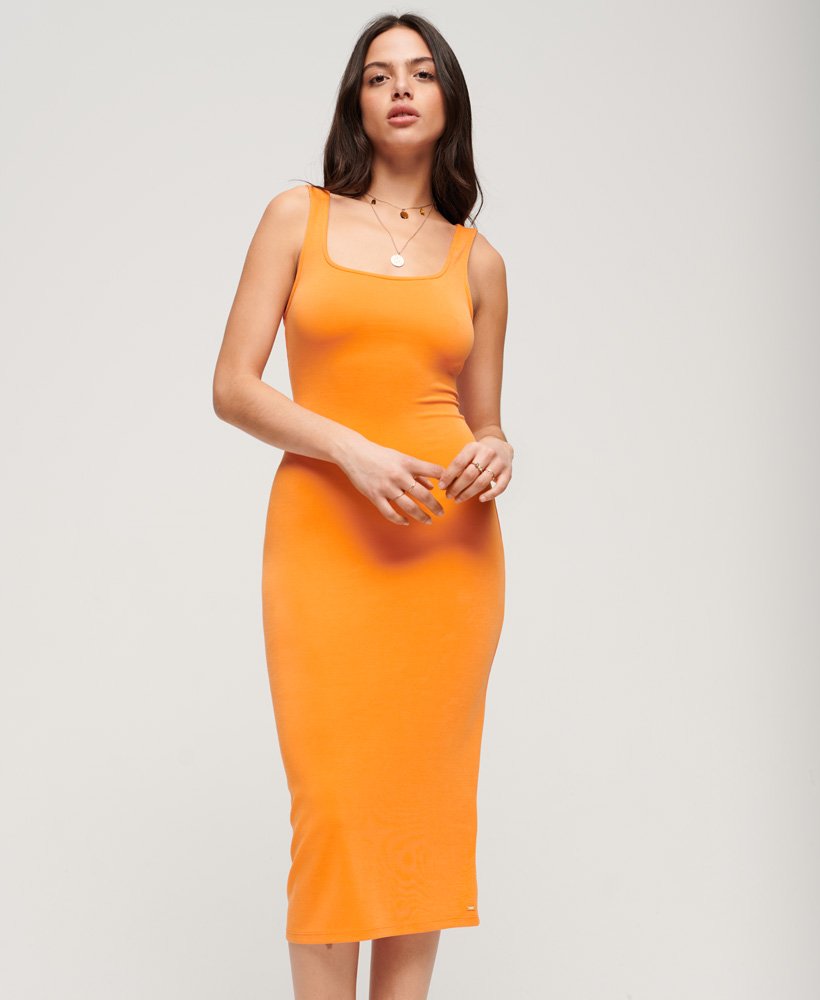 vestido midi de malha com decote quadrado na cor laranja denver.