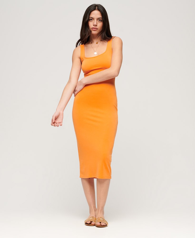 vestido midi de malha com decote quadrado na cor laranja denver.