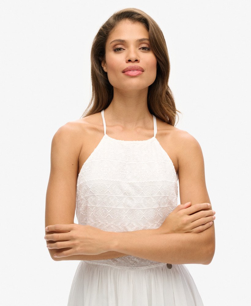 vestido curto vintage bordado em branco off-white