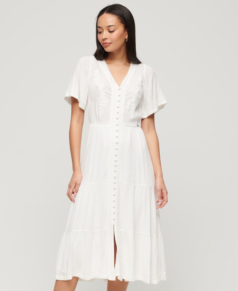 vestido midi bordado em camadas na cor branco off-white.