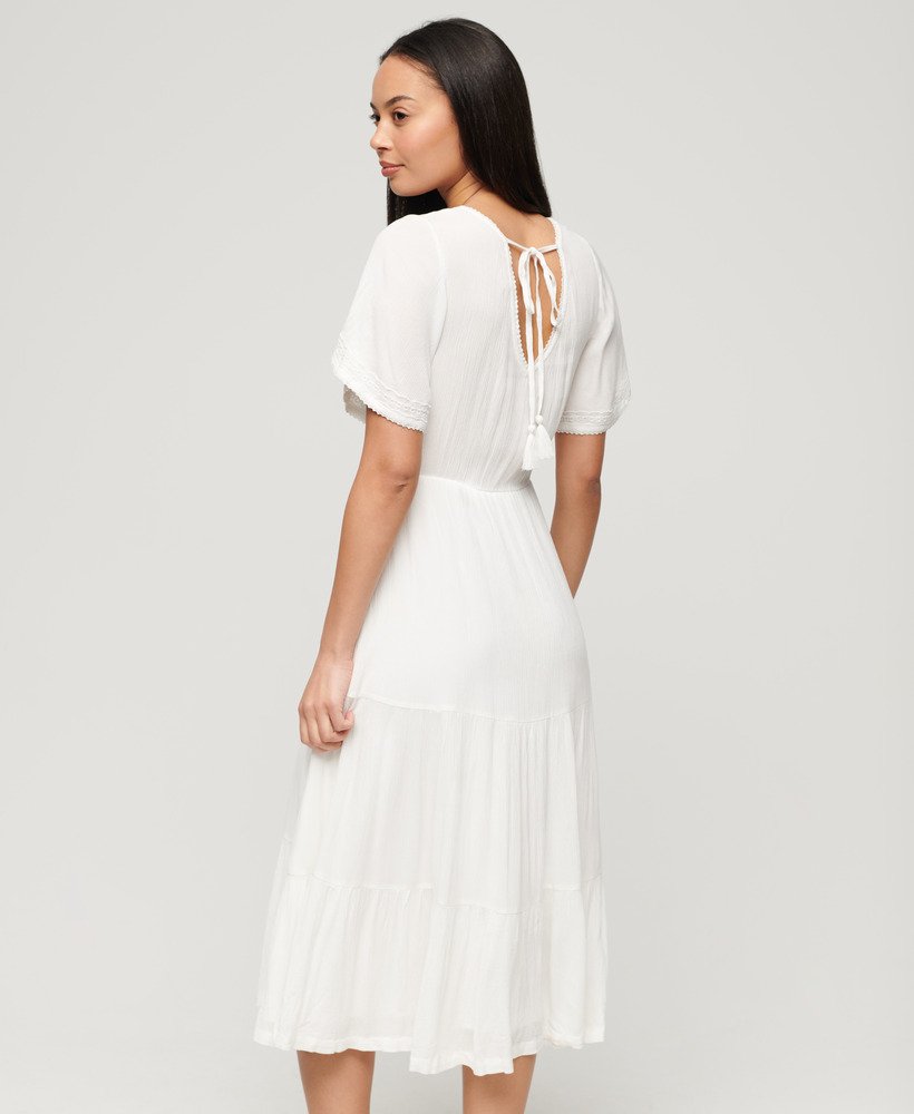 vestido midi bordado em camadas na cor branco off-white.