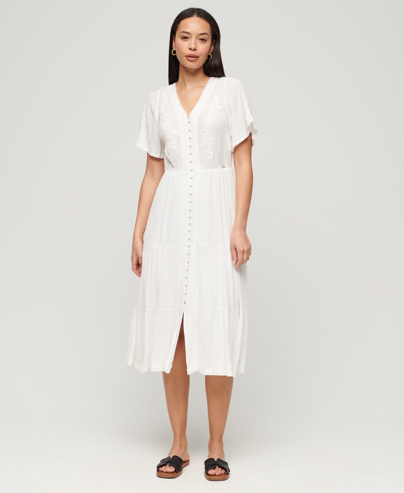 vestido midi bordado em camadas na cor branco off-white.